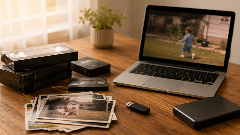 VHS to digital conversion service with videotapes, family photos, USB drive, and laptop